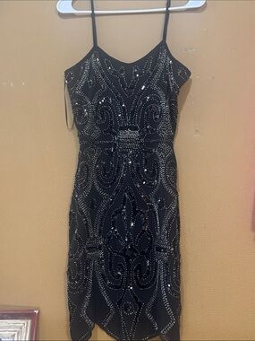 Embellished Black Beaded Spaghetti-Strap Mini Dress
